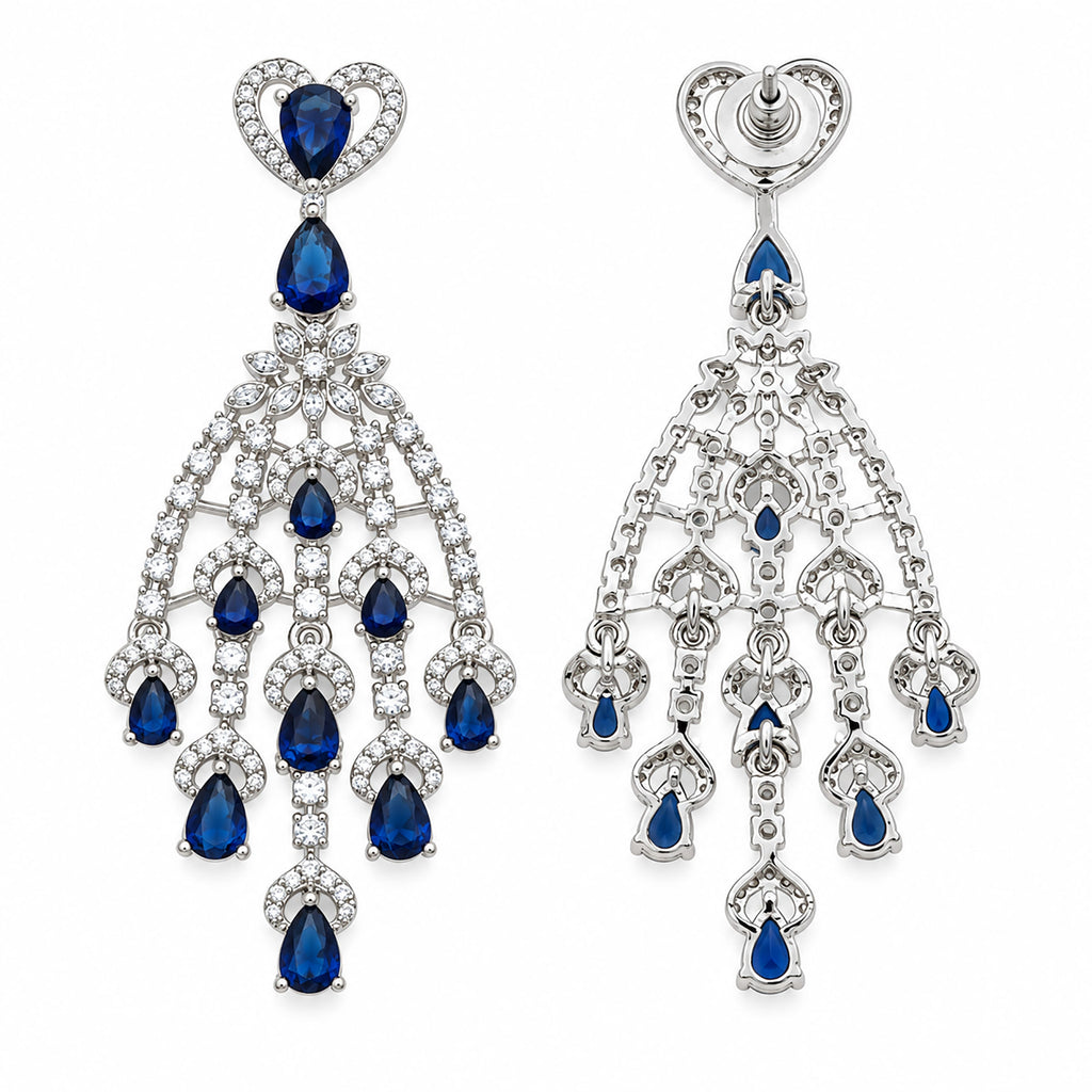 Silver Tone Blue Sapphire & Mint Green Look Long Chandelier Earrings with White Crystal Detailing, Designer Drop Earrings for Women, Wedding & Festive Wear BIE1079
