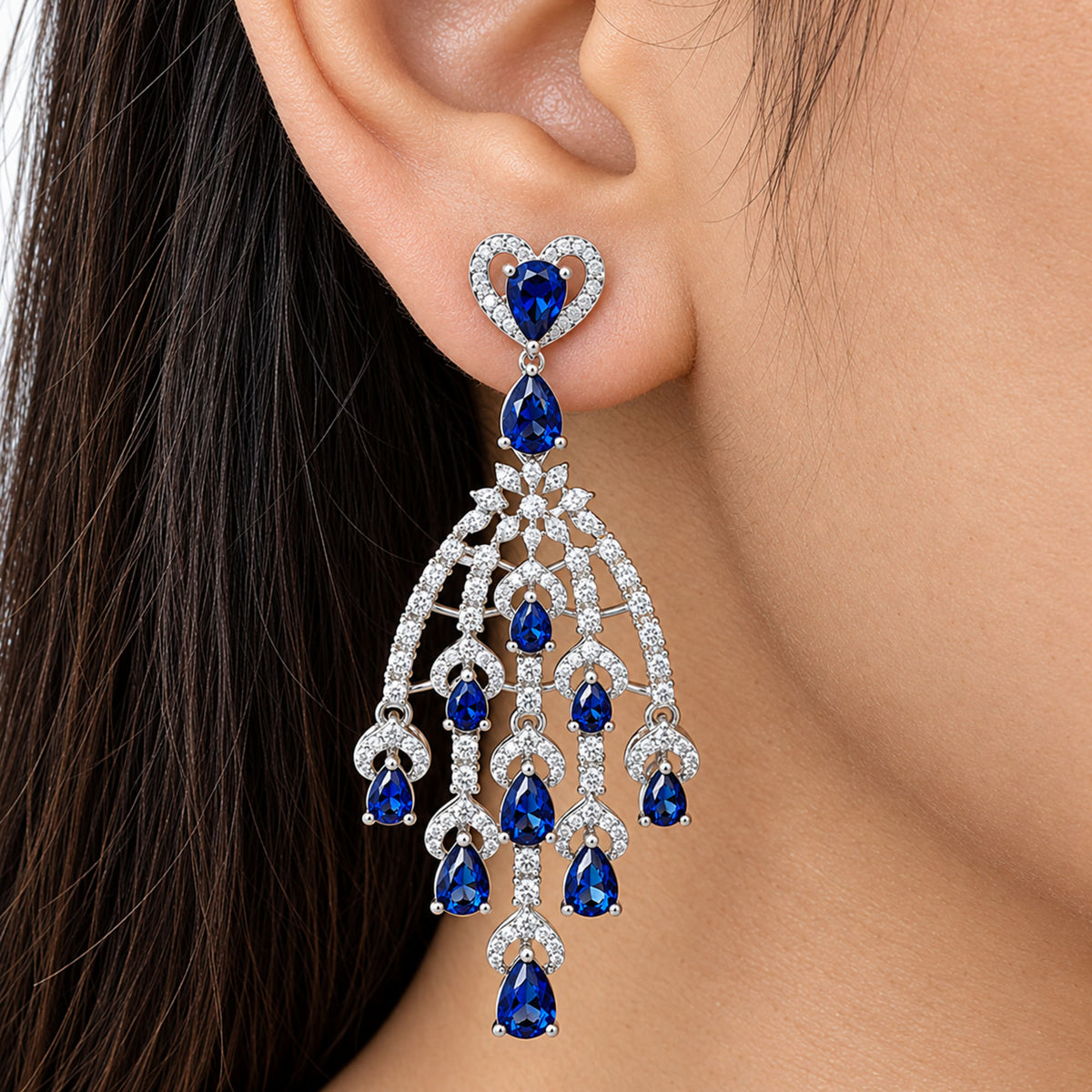 Silver Tone Blue Sapphire & Mint Green Look Long Chandelier Earrings with White Crystal Detailing, Designer Drop Earrings for Women, Wedding & Festive Wear BIE1079