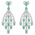 Silver Tone Blue Sapphire & Mint Green Look Long Chandelier Earrings with White Crystal Detailing, Designer Drop Earrings for Women, Wedding & Festive Wear BIE1079