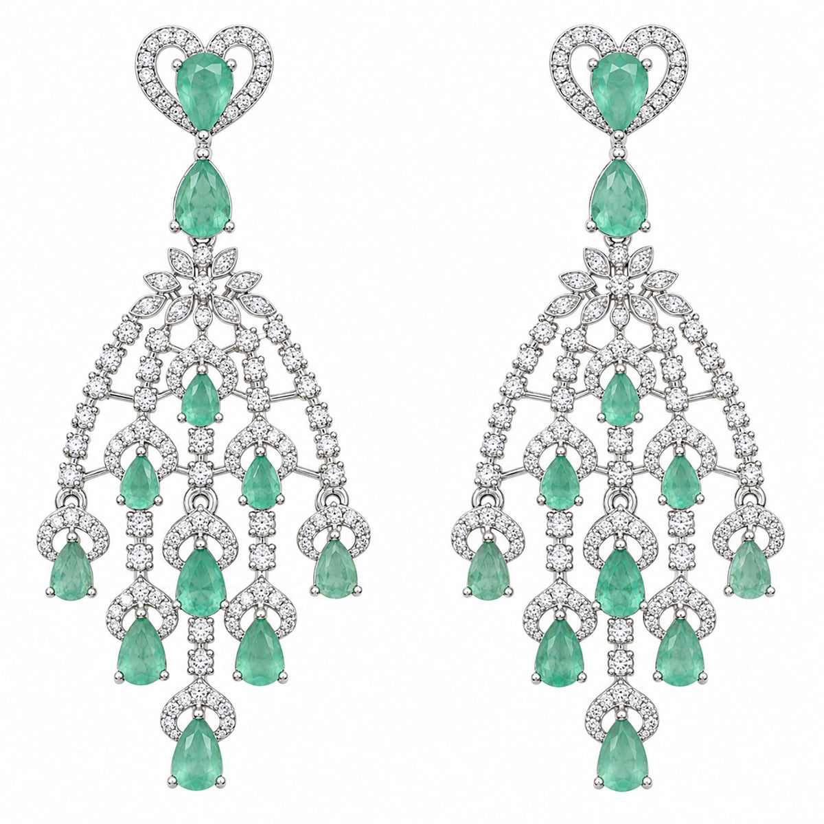 Silver Tone Blue Sapphire & Mint Green Look Long Chandelier Earrings with White Crystal Detailing, Designer Drop Earrings for Women, Wedding & Festive Wear BIE1079