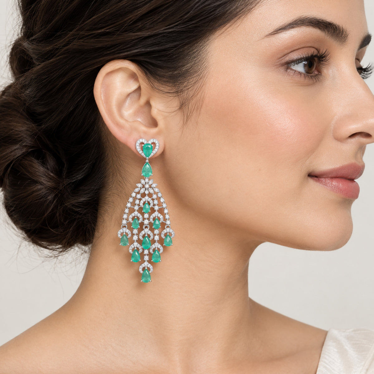 Silver Tone Blue Sapphire & Mint Green Look Long Chandelier Earrings with White Crystal Detailing, Designer Drop Earrings for Women, Wedding & Festive Wear BIE1079