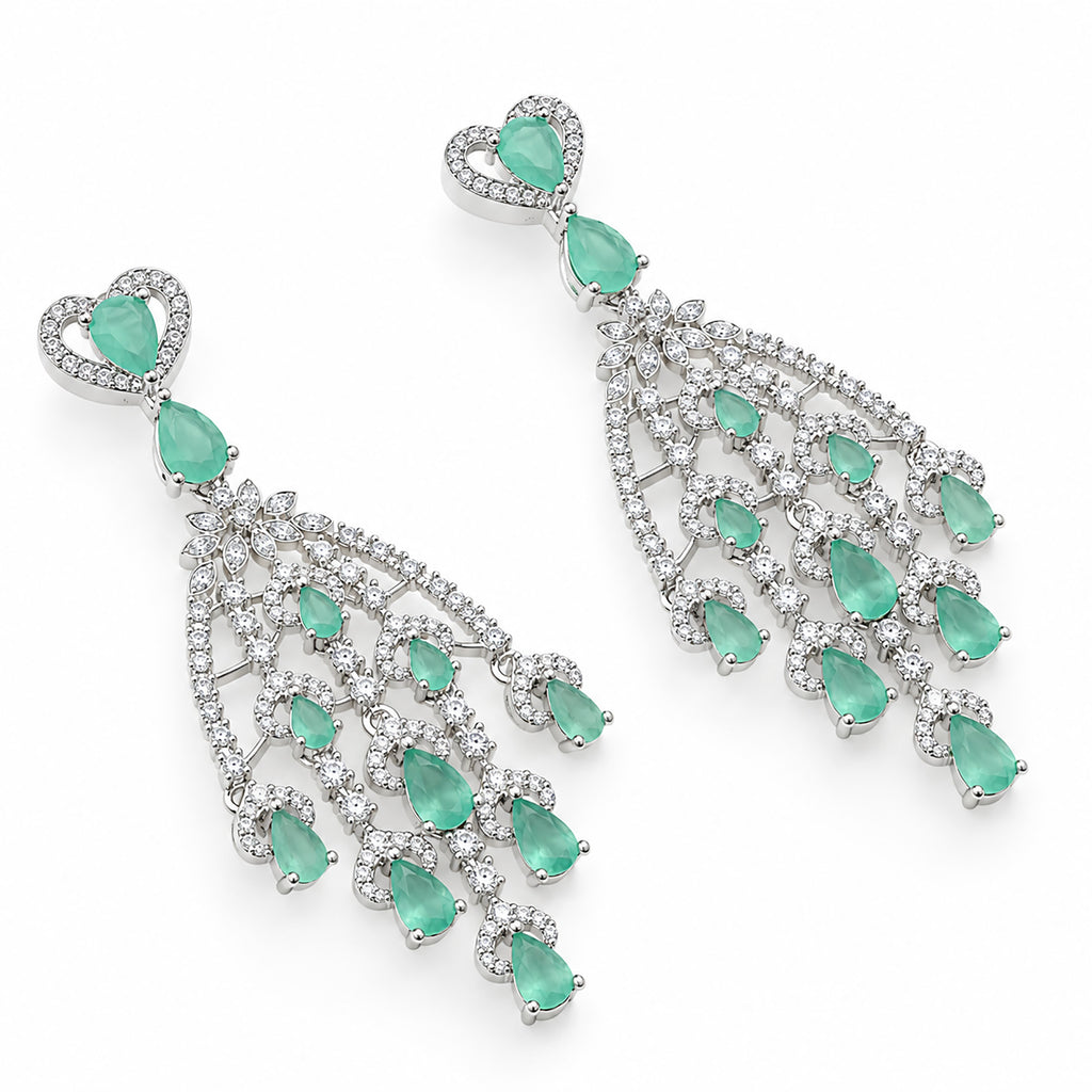 Silver Tone Blue Sapphire & Mint Green Look Long Chandelier Earrings with White Crystal Detailing, Designer Drop Earrings for Women, Wedding & Festive Wear BIE1079