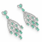 Silver Tone Blue Sapphire & Mint Green Look Long Chandelier Earrings with White Crystal Detailing, Designer Drop Earrings for Women, Wedding & Festive Wear BIE1079