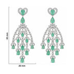 Silver Tone Blue Sapphire & Mint Green Look Long Chandelier Earrings with White Crystal Detailing, Designer Drop Earrings for Women, Wedding & Festive Wear BIE1079