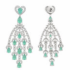 Silver Tone Blue Sapphire & Mint Green Look Long Chandelier Earrings with White Crystal Detailing, Designer Drop Earrings for Women, Wedding & Festive Wear BIE1079