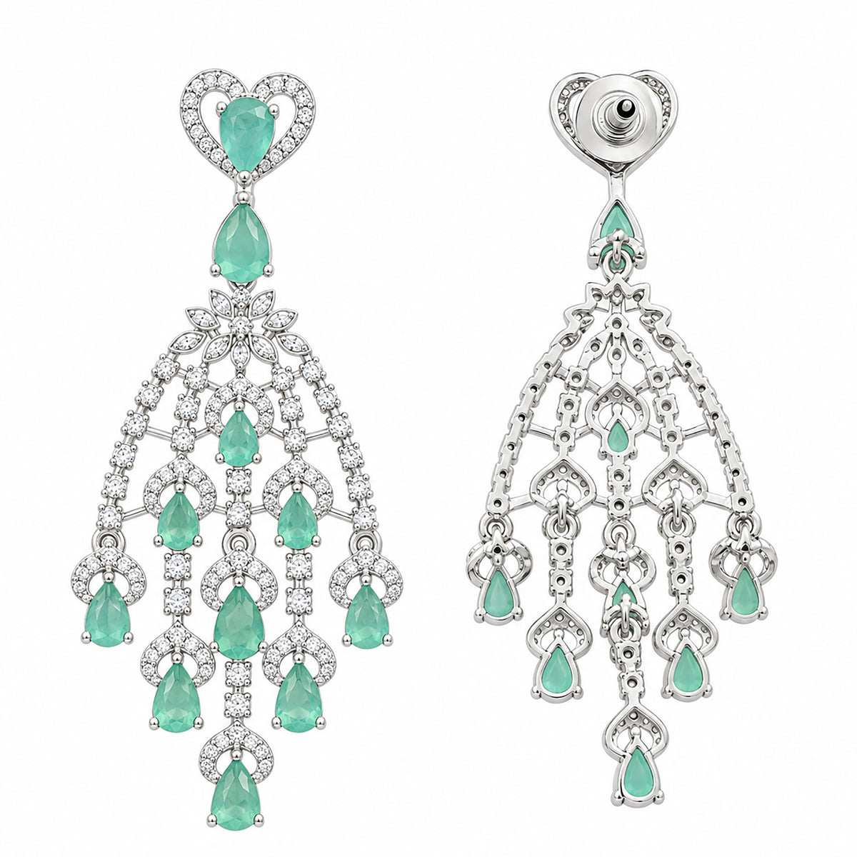 Silver Tone Blue Sapphire & Mint Green Look Long Chandelier Earrings with White Crystal Detailing, Designer Drop Earrings for Women, Wedding & Festive Wear BIE1079
