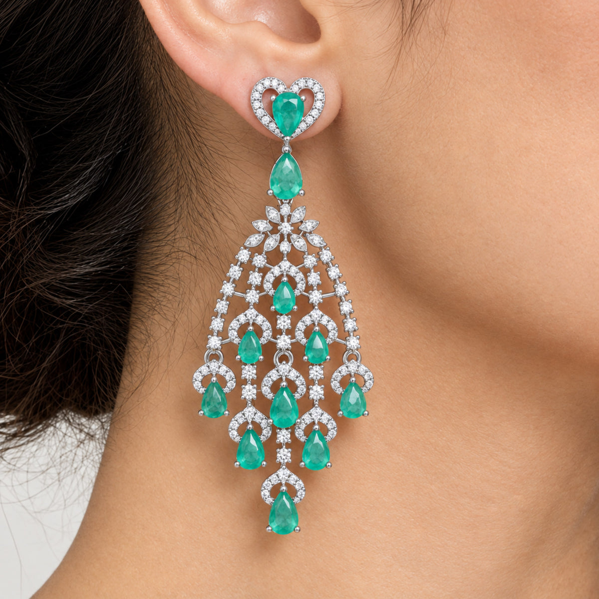 Silver Tone Blue Sapphire & Mint Green Look Long Chandelier Earrings with White Crystal Detailing, Designer Drop Earrings for Women, Wedding & Festive Wear BIE1079