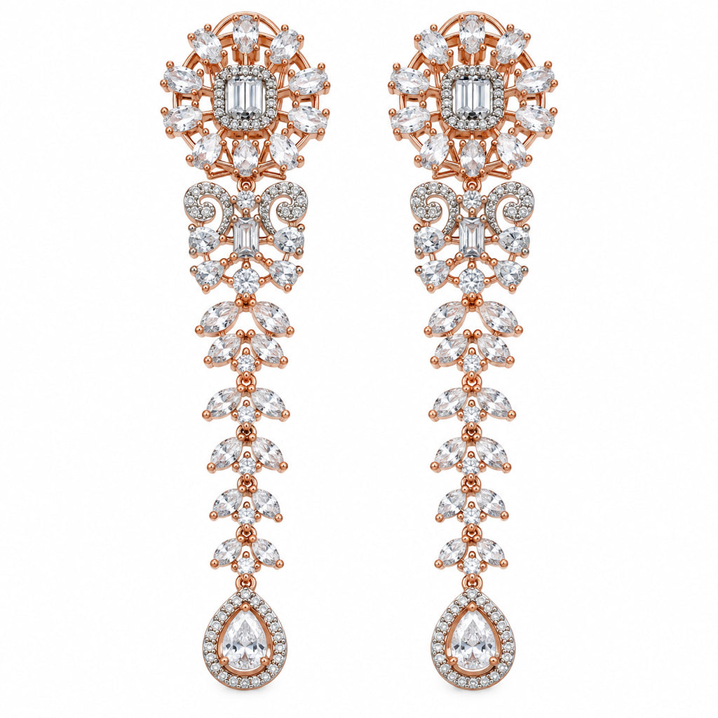 Rose Gold Plated Long Chandelier Earrings with Sparkling White Crystal Floral Design & Teardrop Stones for Women, Wedding & Festive Wear BIE1080