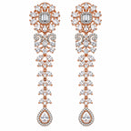 Rose Gold Plated Long Chandelier Earrings with Sparkling White Crystal Floral Design & Teardrop Stones for Women, Wedding & Festive Wear BIE1080