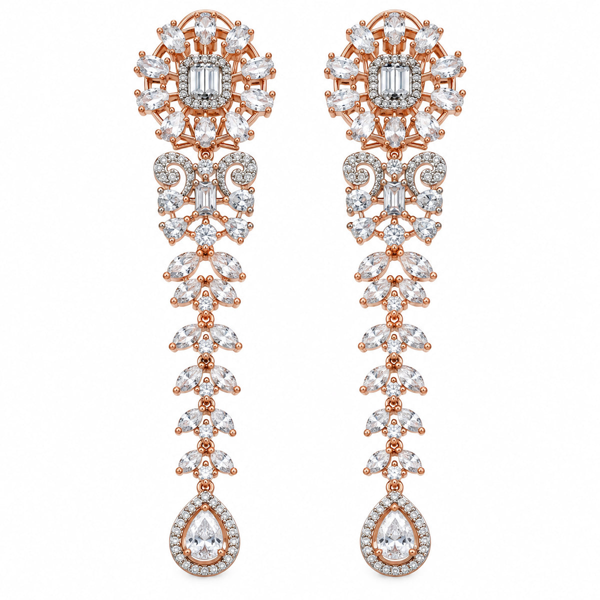 Rose Gold Plated Long Chandelier Earrings with Sparkling White Crystal Floral Design & Teardrop Stones for Women, Wedding & Festive Wear BIE1080
