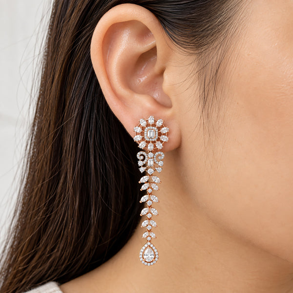 Rose Gold Plated Long Chandelier Earrings with Sparkling White Crystal Floral Design & Teardrop Stones for Women, Wedding & Festive Wear BIE1080