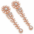 Rose Gold Plated Long Chandelier Earrings with Sparkling White Crystal Floral Design & Teardrop Stones for Women, Wedding & Festive Wear BIE1080