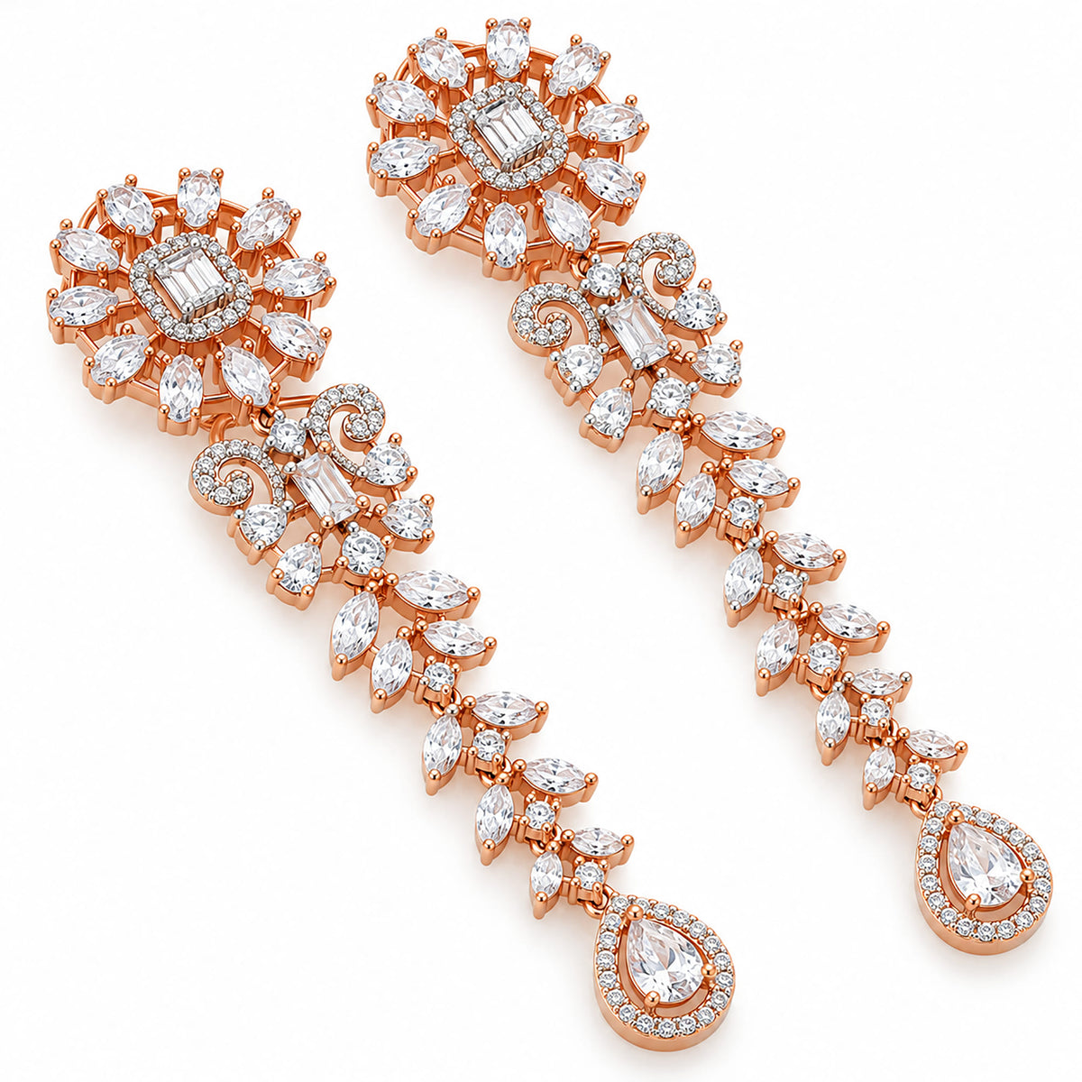 Rose Gold Plated Long Chandelier Earrings with Sparkling White Crystal Floral Design & Teardrop Stones for Women, Wedding & Festive Wear BIE1080