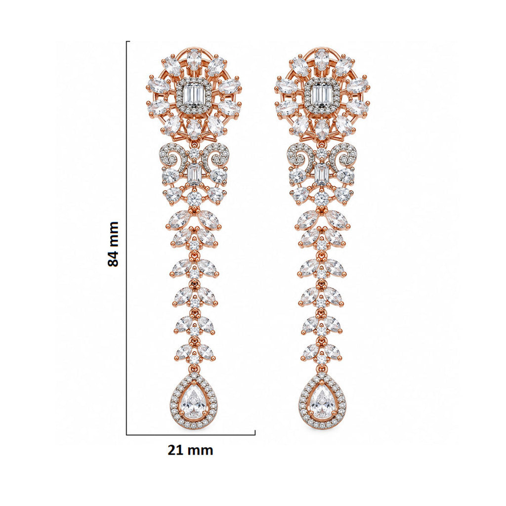 Rose Gold Plated Long Chandelier Earrings with Sparkling White Crystal Floral Design & Teardrop Stones for Women, Wedding & Festive Wear BIE1080