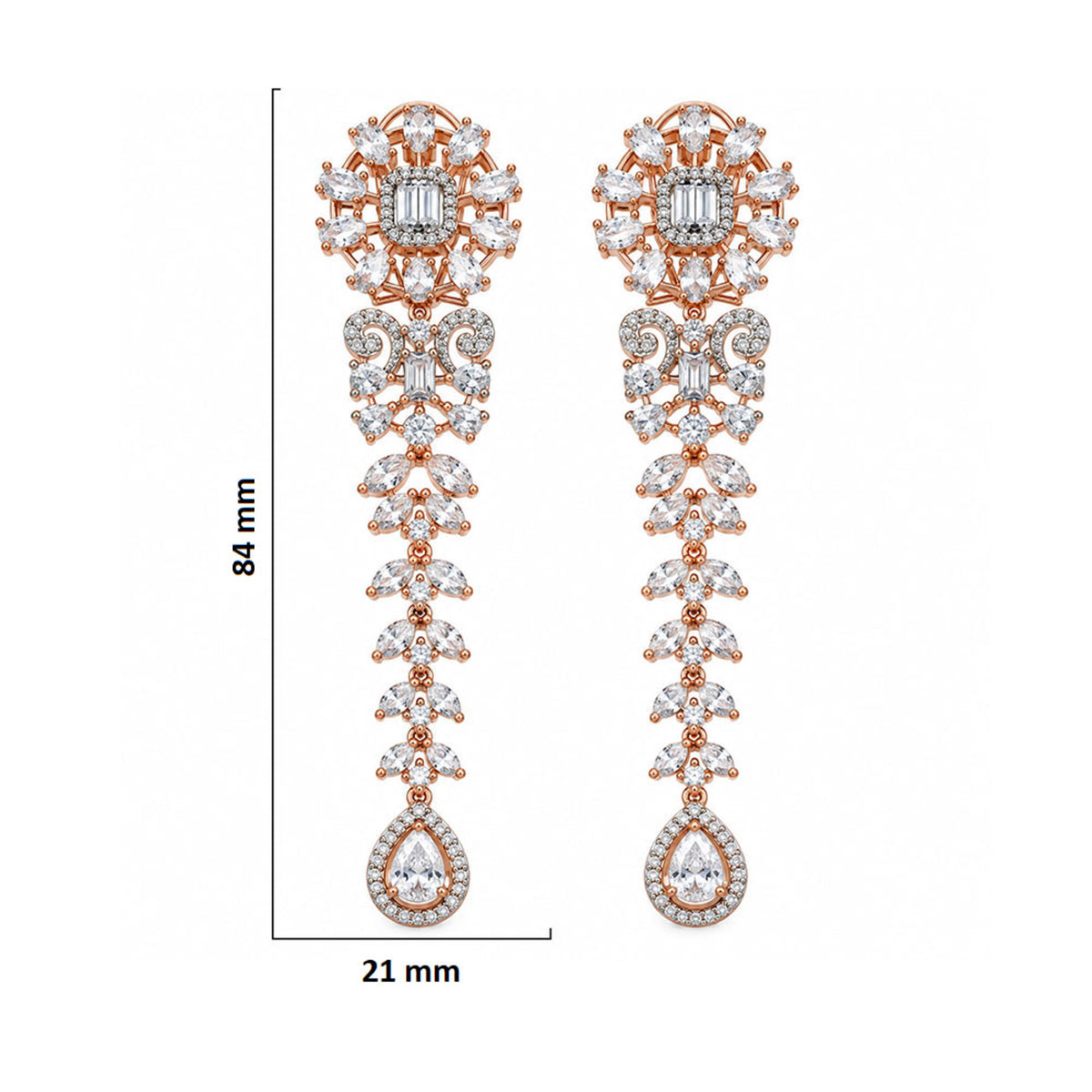 Rose Gold Plated Long Chandelier Earrings with Sparkling White Crystal Floral Design & Teardrop Stones for Women, Wedding & Festive Wear BIE1080