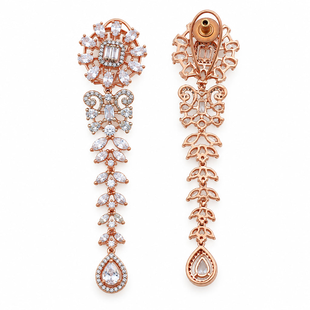 Rose Gold Plated Long Chandelier Earrings with Sparkling White Crystal Floral Design & Teardrop Stones for Women, Wedding & Festive Wear BIE1080