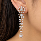 Rose Gold Plated Long Chandelier Earrings with Sparkling White Crystal Floral Design & Teardrop Stones for Women, Wedding & Festive Wear BIE1080