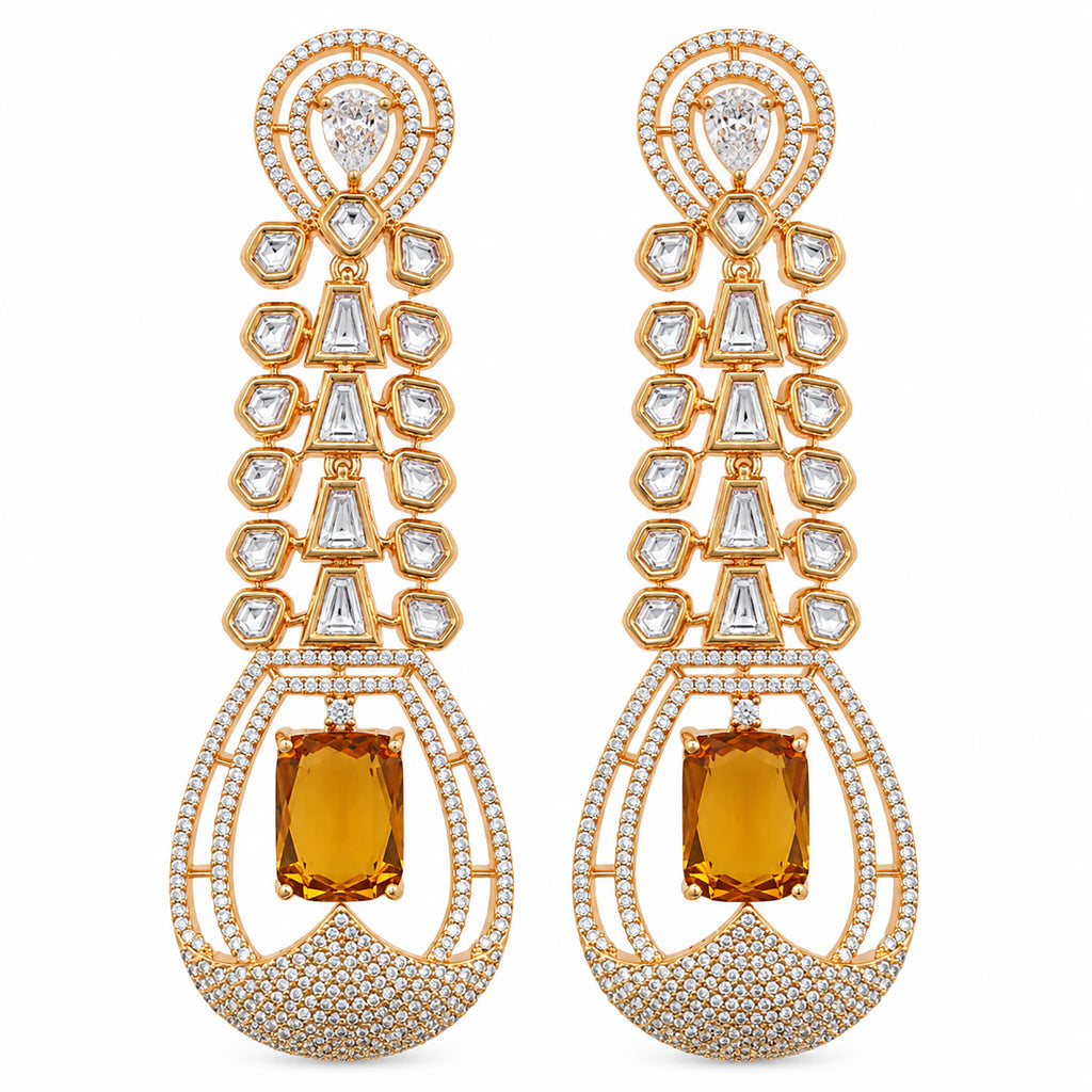 Gold Plated Long Drop Earrings with Yellow & Blue Rectangular Gemstone & Sparkling White Crystal Detailing for Women, Wedding & Festive Wear BIE1081