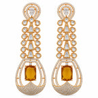Gold Plated Long Drop Earrings with Yellow & Blue Rectangular Gemstone & Sparkling White Crystal Detailing for Women, Wedding & Festive Wear BIE1081