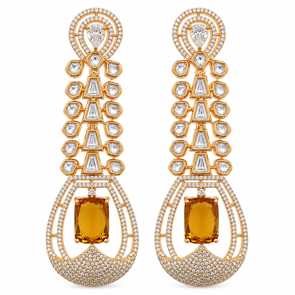 Gold Plated Long Drop Earrings with Yellow & Blue Rectangular Gemstone & Sparkling White Crystal Detailing for Women, Wedding & Festive Wear BIE1081