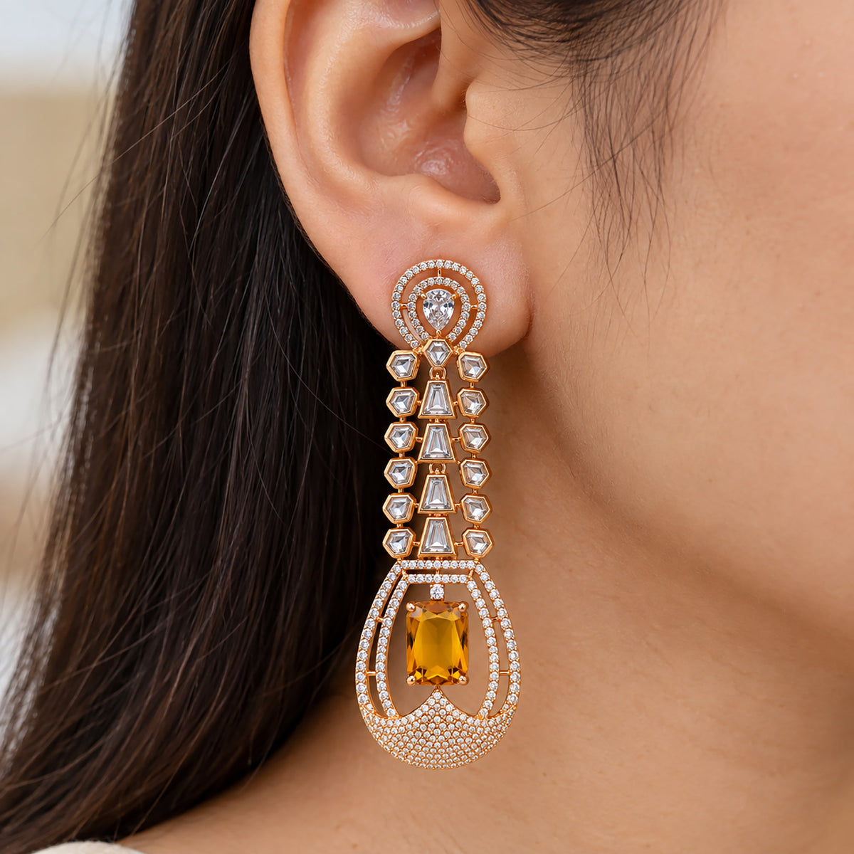 Gold Plated Long Drop Earrings with Yellow & Blue Rectangular Gemstone & Sparkling White Crystal Detailing for Women, Wedding & Festive Wear BIE1081