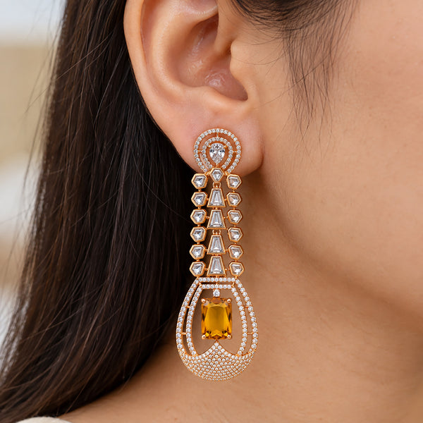Gold Plated Long Drop Earrings with Yellow & Blue Rectangular Gemstone & Sparkling White Crystal Detailing for Women, Wedding & Festive Wear BIE1081