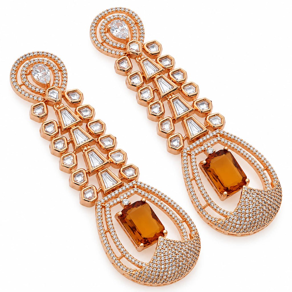Gold Plated Long Drop Earrings with Yellow & Blue Rectangular Gemstone & Sparkling White Crystal Detailing for Women, Wedding & Festive Wear BIE1081