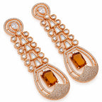 Gold Plated Long Drop Earrings with Yellow & Blue Rectangular Gemstone & Sparkling White Crystal Detailing for Women, Wedding & Festive Wear BIE1081