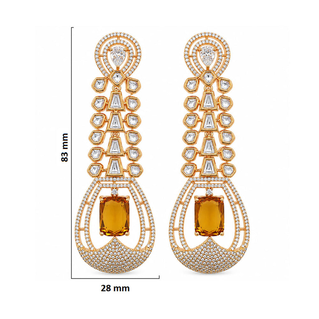 Gold Plated Long Drop Earrings with Yellow & Blue Rectangular Gemstone & Sparkling White Crystal Detailing for Women, Wedding & Festive Wear BIE1081