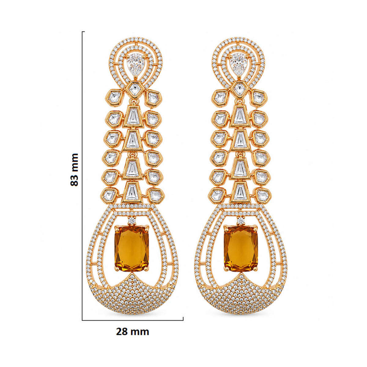 Gold Plated Long Drop Earrings with Yellow & Blue Rectangular Gemstone & Sparkling White Crystal Detailing for Women, Wedding & Festive Wear BIE1081
