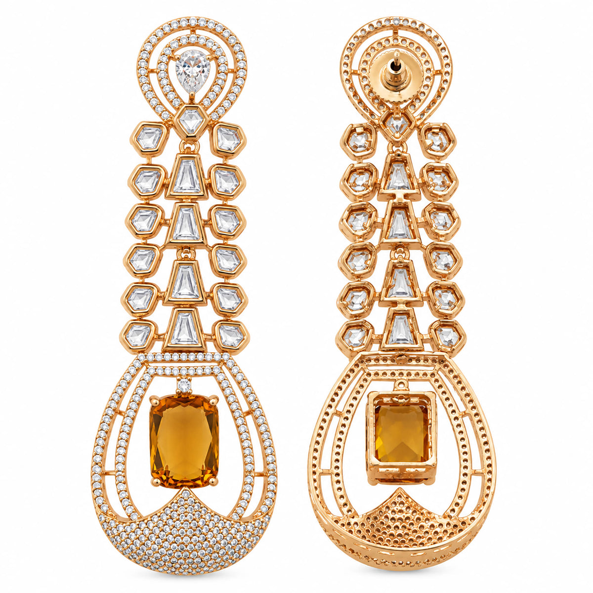 Gold Plated Long Drop Earrings with Yellow & Blue Rectangular Gemstone & Sparkling White Crystal Detailing for Women, Wedding & Festive Wear BIE1081