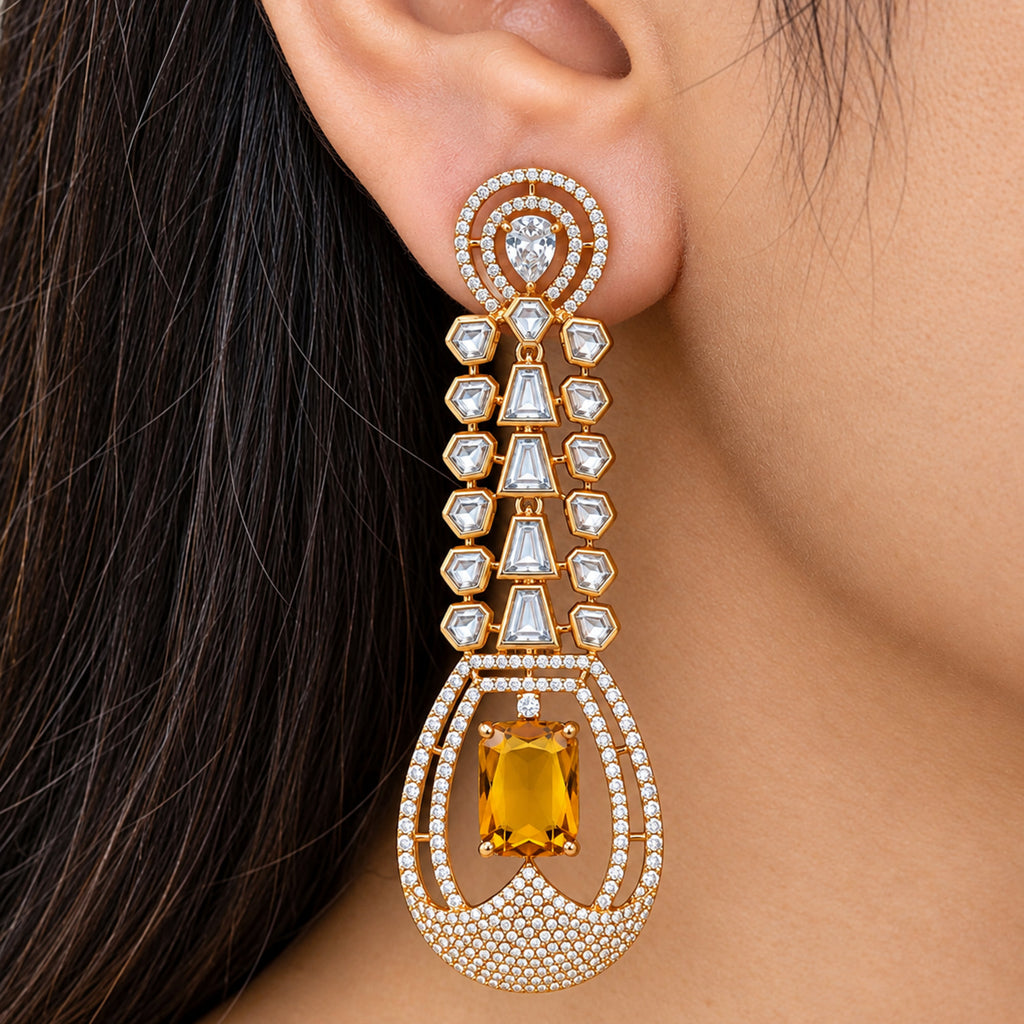 Gold Plated Long Drop Earrings with Yellow & Blue Rectangular Gemstone & Sparkling White Crystal Detailing for Women, Wedding & Festive Wear BIE1081