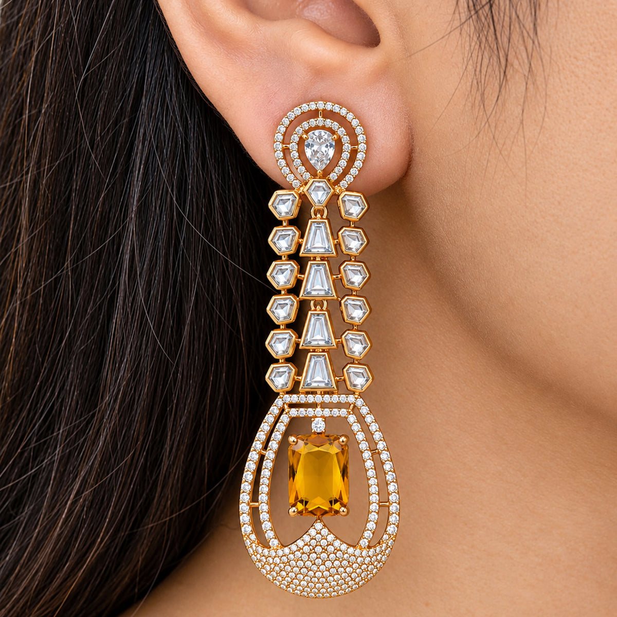 Gold Plated Long Drop Earrings with Yellow & Blue Rectangular Gemstone & Sparkling White Crystal Detailing for Women, Wedding & Festive Wear BIE1081