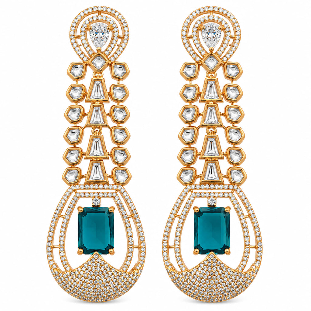 Gold Plated Long Drop Earrings with Yellow & Blue Rectangular Gemstone & Sparkling White Crystal Detailing for Women, Wedding & Festive Wear BIE1081