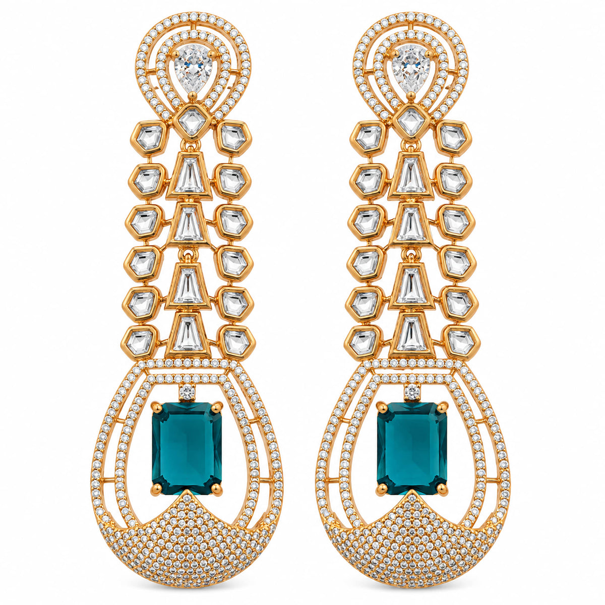 Gold Plated Long Drop Earrings with Yellow & Blue Rectangular Gemstone & Sparkling White Crystal Detailing for Women, Wedding & Festive Wear BIE1081