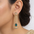 Gold Plated Long Drop Earrings with Yellow & Blue Rectangular Gemstone & Sparkling White Crystal Detailing for Women, Wedding & Festive Wear BIE1081