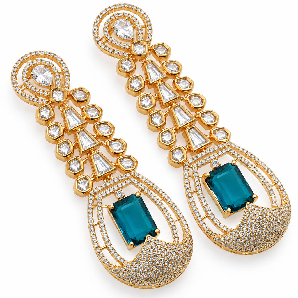 Gold Plated Long Drop Earrings with Yellow & Blue Rectangular Gemstone & Sparkling White Crystal Detailing for Women, Wedding & Festive Wear BIE1081