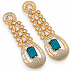 Gold Plated Long Drop Earrings with Yellow & Blue Rectangular Gemstone & Sparkling White Crystal Detailing for Women, Wedding & Festive Wear BIE1081