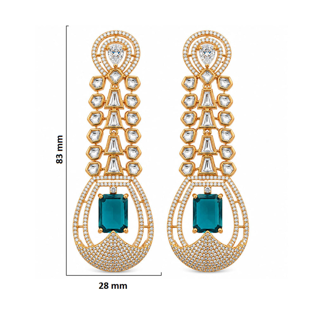 Gold Plated Long Drop Earrings with Yellow & Blue Rectangular Gemstone & Sparkling White Crystal Detailing for Women, Wedding & Festive Wear BIE1081