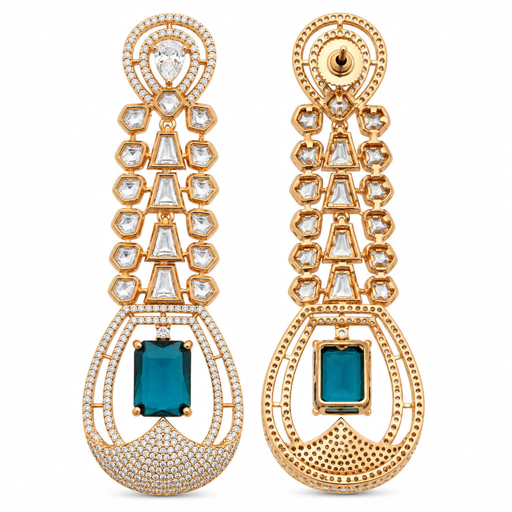 Gold Plated Long Drop Earrings with Yellow & Blue Rectangular Gemstone & Sparkling White Crystal Detailing for Women, Wedding & Festive Wear BIE1081