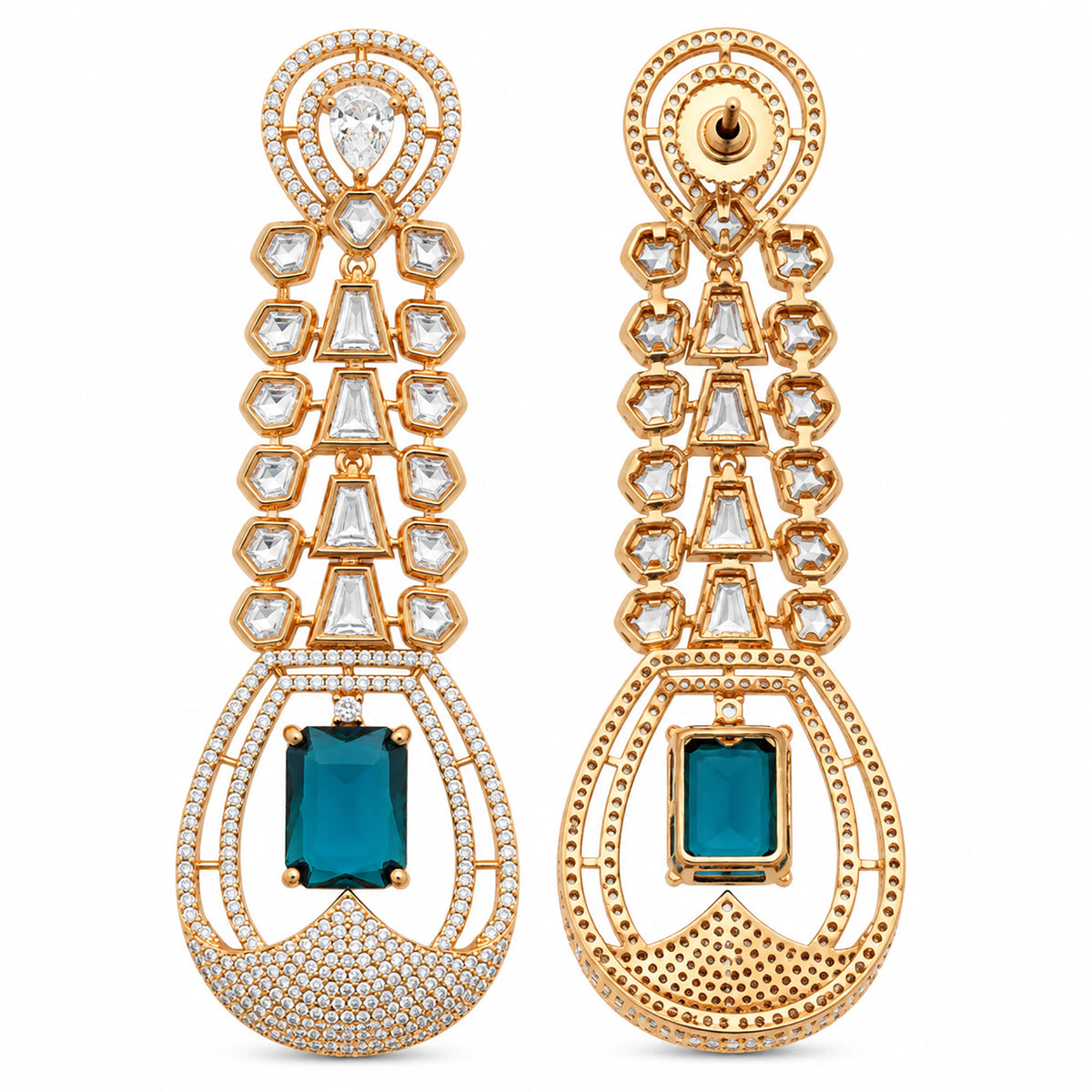 Gold Plated Long Drop Earrings with Yellow & Blue Rectangular Gemstone & Sparkling White Crystal Detailing for Women, Wedding & Festive Wear BIE1081