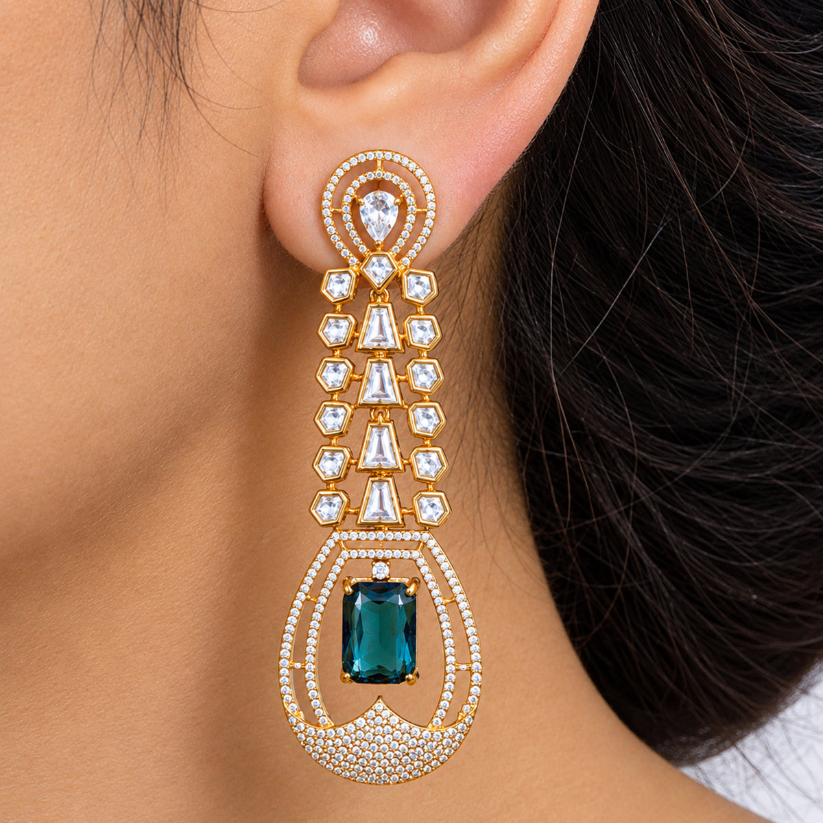 Gold Plated Long Drop Earrings with Yellow & Blue Rectangular Gemstone & Sparkling White Crystal Detailing for Women, Wedding & Festive Wear BIE1081