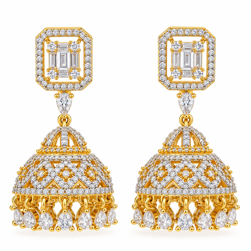 Gold Plated Kundan Jhumka Earrings with Sparkling White Crystal Stones & Teardrop Dangling Design for Women, Wedding & Festive Wear BIE1082