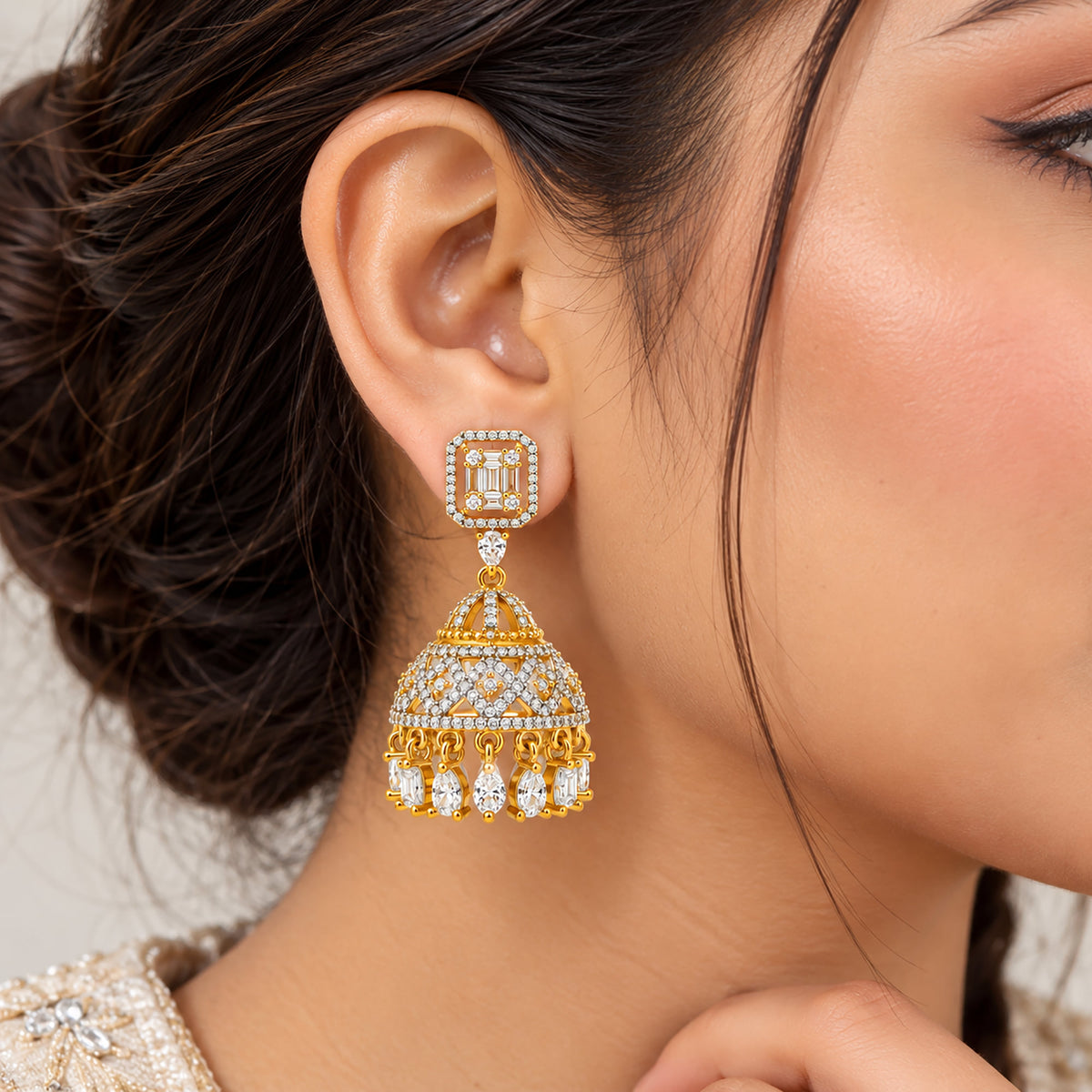 Gold Plated Kundan Jhumka Earrings with Sparkling White Crystal Stones & Teardrop Dangling Design for Women, Wedding & Festive Wear BIE1082