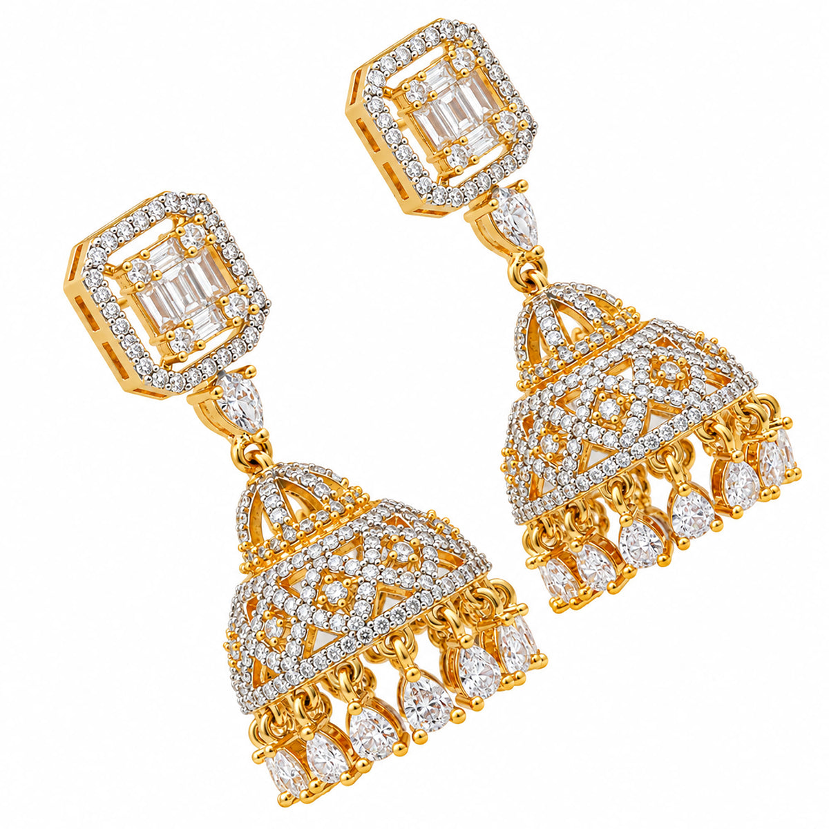 Gold Plated Kundan Jhumka Earrings with Sparkling White Crystal Stones & Teardrop Dangling Design for Women, Wedding & Festive Wear BIE1082