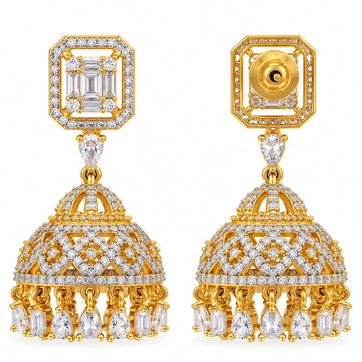 Gold Plated Kundan Jhumka Earrings with Sparkling White Crystal Stones & Teardrop Dangling Design for Women, Wedding & Festive Wear BIE1082