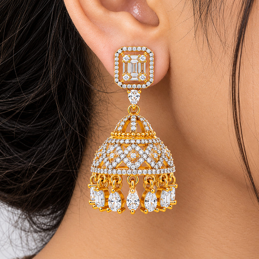 Gold Plated Kundan Jhumka Earrings with Sparkling White Crystal Stones & Teardrop Dangling Design for Women, Wedding & Festive Wear BIE1082