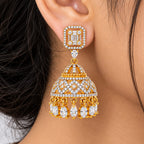 Gold Plated Kundan Jhumka Earrings with Sparkling White Crystal Stones & Teardrop Dangling Design for Women, Wedding & Festive Wear BIE1082