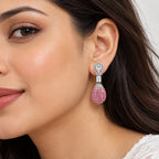 Silver Plated Pink and Green Stone with White AD Studded Designer Ball Drop Earrings for Women & Girls, Party Wear Fashion Jewellery BIE1083