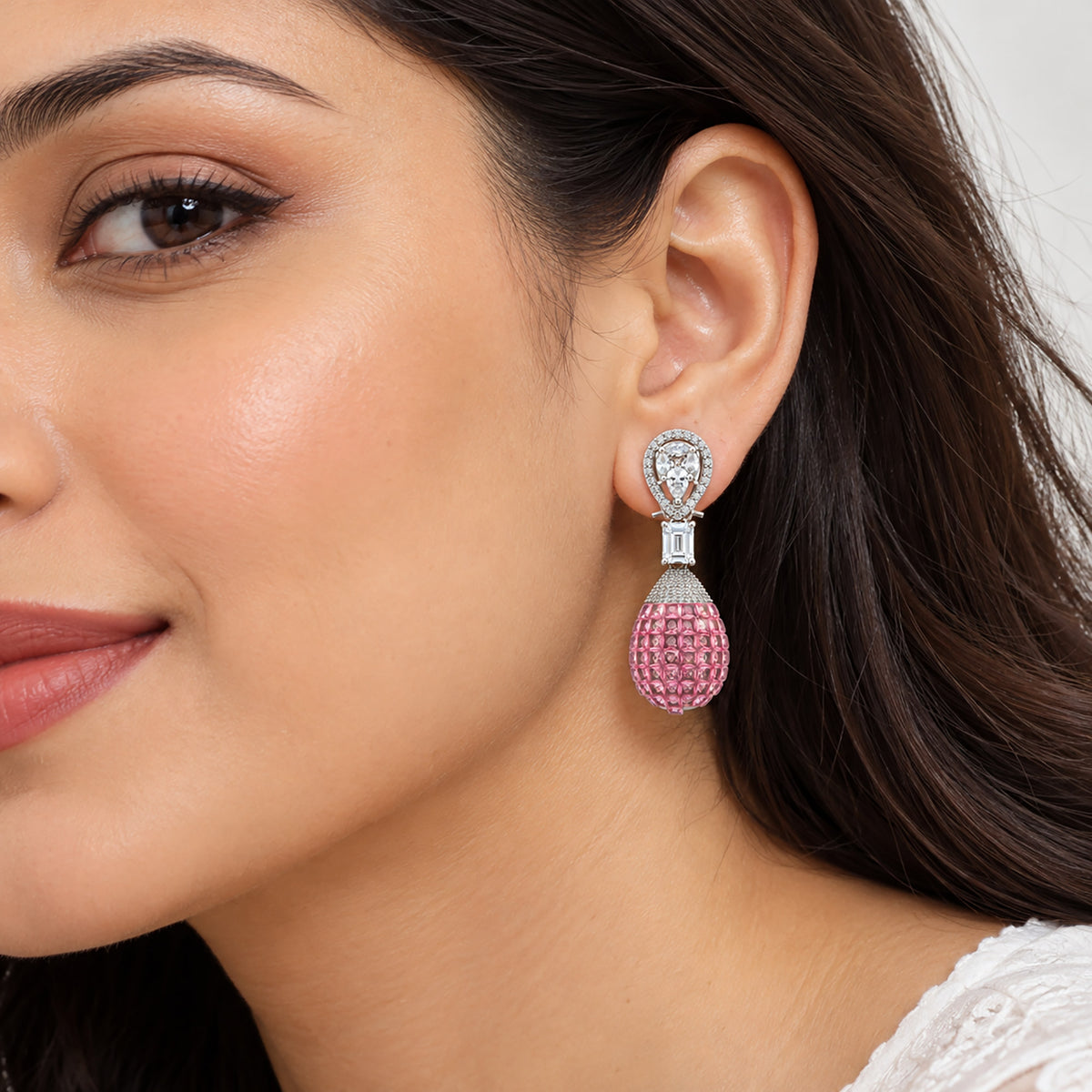 Silver Plated Pink and Green Stone with White AD Studded Designer Ball Drop Earrings for Women & Girls, Party Wear Fashion Jewellery BIE1083